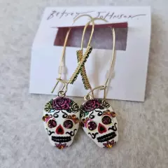 Betsey Johnson Stone Sugar Skull Dangle Earrings.