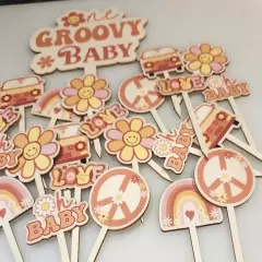 One GROOVY BABY Cake Cupcake Topper Baby Shower Birthday 25 Pc. Boho Hippie