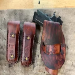 Handmade Leather LH Holster & 2 mag pouches 1911 Punisher Carving