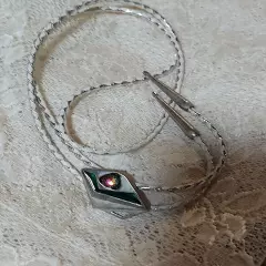 Vintage SSI USA Bolo Tie Green Enamel Rainbow Stone Silver/white Braid.