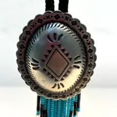 Southwestern Bolo Tie, Hammered silvertone metal with beading