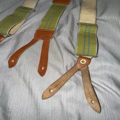 Vintage 1950s Police Brace Suspenders Y-Back Stripe Green Pebbled Leather