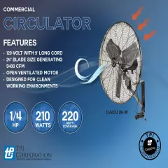 TPI CACU24-W 24" Commercial Air Circulator Wall Mount 3400/3100/2800 CFM 120V