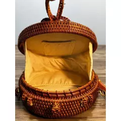 Women's Brown Circle Rattan Woven Bow Closure Crossbody Bag Bohemian Purse