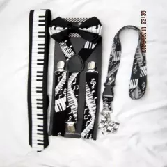 MUSICAL NOTES PIANO KEYS Suspenders,Necktie,Lanyard&matching Bowtie Bow Tie-New!