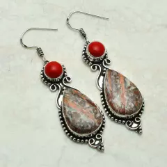 Leopard Skin Jasper Coral Handmade Drop Dangle Earrings Jewelry 2.24" AE-53085