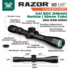 Vortex Optics Razor HD LHT 3-15x50 G4i BDC Riflescope with Hat and Mount Bundle