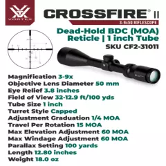 Vortex Optics Crossfire II 3-9X50 SFP Riflescope Dead Hold BDC w Rings