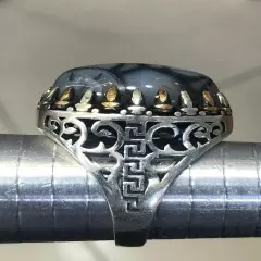 Men Silver Ring 925 Sterling Yemen Aqeeq Agate خاتم عقيق يمني شجري مصور حبة فحل