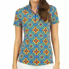 Ibkul Ladies Short Sleeve Mock Neck Top - Scarlet Print Blue Multi X-Large