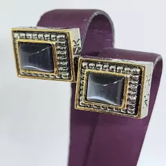 Quality Square Gray Cat Eye Center Gold Silver Metal Pierced Stud Earrings