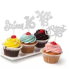 24Pcs 16th Birthday Cupcake Toppers Glitter Sweet 16 Silver Style 4-24Pcs