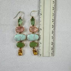 Faux Turquoise and Gem Stone Drop Dangle Gold Tone Earrings Pink Green Amber