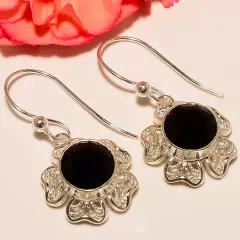 Brazilian Black Onyx Gemstone 925 Sterling Silver Earring 1.46" T2769