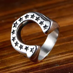 Vintage Horseshoe Amulet Ring Stainless Steel Men's Boy's Lucky Star Biker Ring