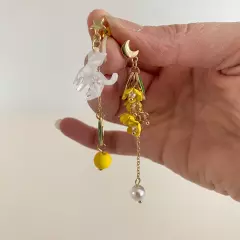 Cat Dangle Asymmetric Earrings Gold Tone, Yellow Flowers Summer