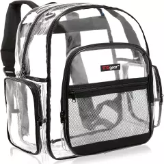 17 Inch Clear PVC Backpack with Black Trim and 5 Zipper Compartments