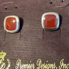 Premier Designs Silver Tone & Red Enamel Square Retired Stud Earrings ~1/2"