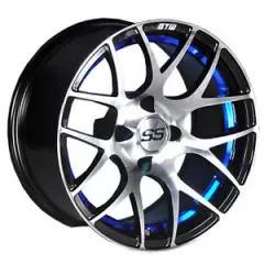 Set of 4 Golf Cart GTW Pursuit 12 inch Machined and Blue Wheel With 3:4 Offset