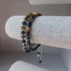 New men's gold hawk's eye with onyx and hematite handwoven bracelet