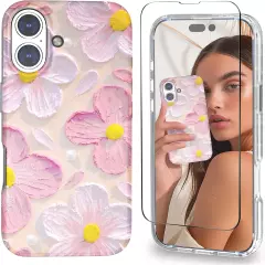 iPhone 16 Case for Women - Cute Flower & Heart Design -Includes Screen Protector