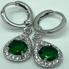 Earrings. Silver Tone Emeral Green Crystal w Clear Crystal Opal Shape Frame.