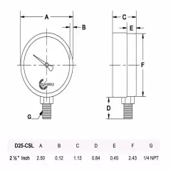 2-1/2" Vacuum Gauge - Chrome Plated Steel Case, 1/4"NPT, Lower Mnt. -30 inHg/0