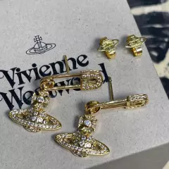 1Pair Vivienne Westwood Tone Crystal Earrings Bas Relief Saturn Orb Earrings