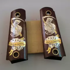 Colt 1911 custom engraved wood grips gold silver reaper skull cards dice