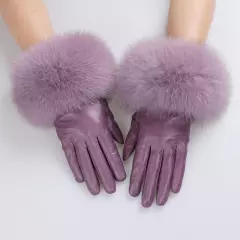 Women Genuine Lambskin Leather Gloves With Real Fox Fur Trim Cuff Winter Warm