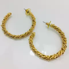 Gold Rope Cable Twist Hoop Earrings Pierced Big 2" Hoops