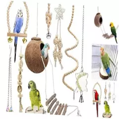  9 Pieces Parrots Chewing Natural Wood and Rope Bungee Bird Toy for Anchovies, 