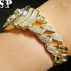 Hip Hop 14K Gold Plated 8.5" CZ Full Iced Praying Hands Cuban Fashion Bracelet