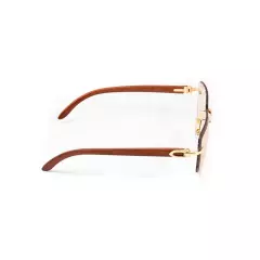 Men's Tan Tint Rimless Gold Frame Woodgrain Gem Cut Hip Hop Sunglasses