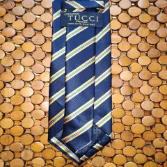 Creazioni Tucci Firenze Tie 100% Silk Blues And Yellow Striped Made in Italy EUC