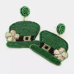 Green Felt Back ST Patrick's Day Clover Accented Hat Dangle Earrings