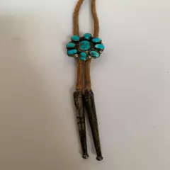 Vintage Native American Sterling Silver & Turquoise 1.25” Round Cluster Bolo Tie