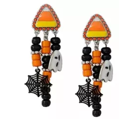 HALLOWEEN CANDY CORN GHOST SPIDER DANGLE CHARMS PIERCED RHINESTONE EARRINGS