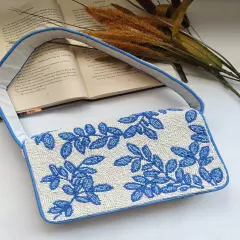 Handmade Blue White Floral Beaded Shoulder Bag