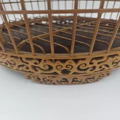 Vintage Birdcage Round Carved Bamboo Wooden Bird Cage Wood Hang or Tabletop Asia