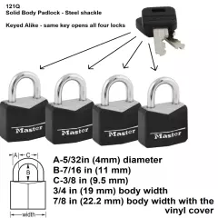 MASTER LOCK 3/4in (19mm) Solid Body Padlock, Keyed Alike, 4-Pack, Steel shackle