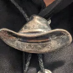 Vintage Sterling Silver Leather Bolo Tie Cowboy Vaqueros Hat