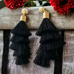 Tassel Dangle Earrings Long Witchy Black Gold Tone Lightweight Gypsy Boho Hippie