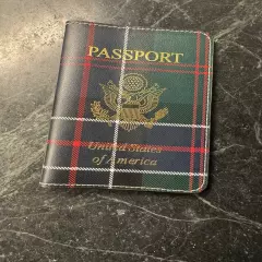 Baekgaard Genuine Leather Passport Cover Holder Green Blue Plaid Gold Letters