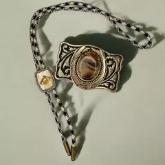 Vintage Western Agate Stone Belt Buckle Horse Bolo Tie Brass Cowboy