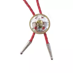 Praying Cowboy Bolo Tie, Silver W/Gold Accents, 36" 4mm Red Cord, Silver Tips