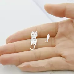 S925 Sterling Silver Stud Earrings Fashion Detachable Cat Fish Pin Studs Cute Co