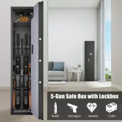 Large Rifle Safe Quick Access 5-Gun Storage Cabinet w/ Pistol Lock Box