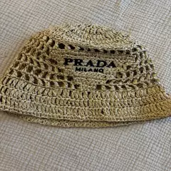 PRADA Beige Natural Crochet Bucket Hat Small