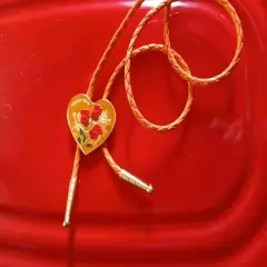 Heart Shape Bolo Tie W/Red Roses 18" 4mm Orange Cord W/1.25 " Gold Tips